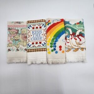 Vintage Cannon 1980s Cotton Hand Towels Lot of 4 Fringe Geese Bears Rainbow Kiss